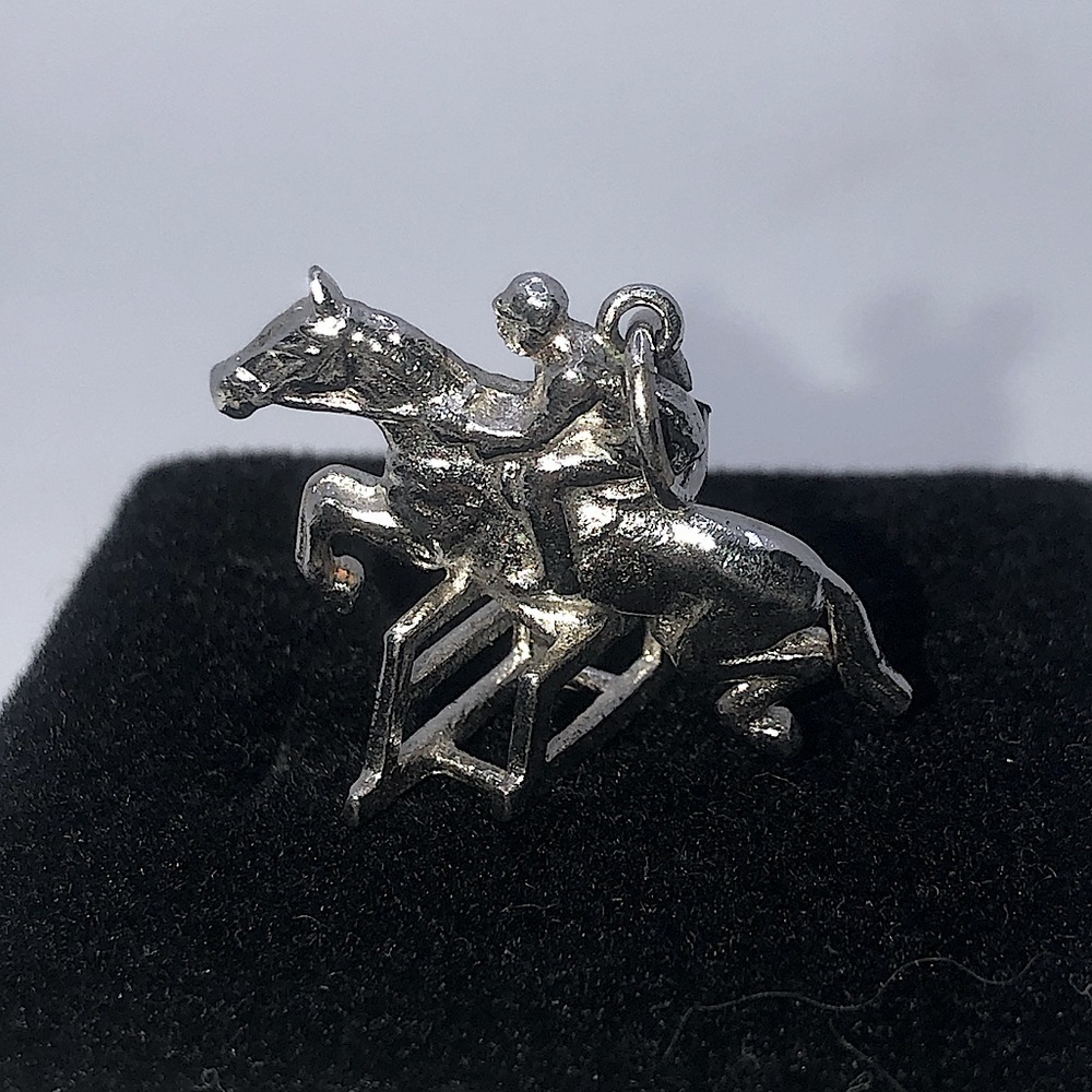 VTG Sterling English Equestrian Show Jumping Horse & Rider Pendant / Charm 1”